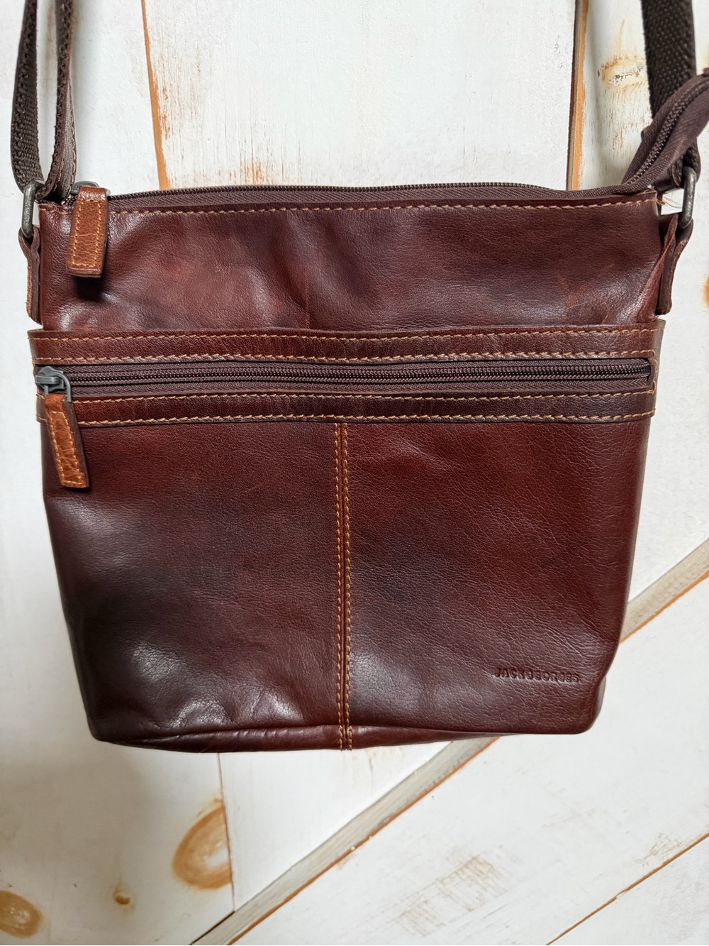 Compact Dark Brown Leather Crossbody with Front Zip Pocket